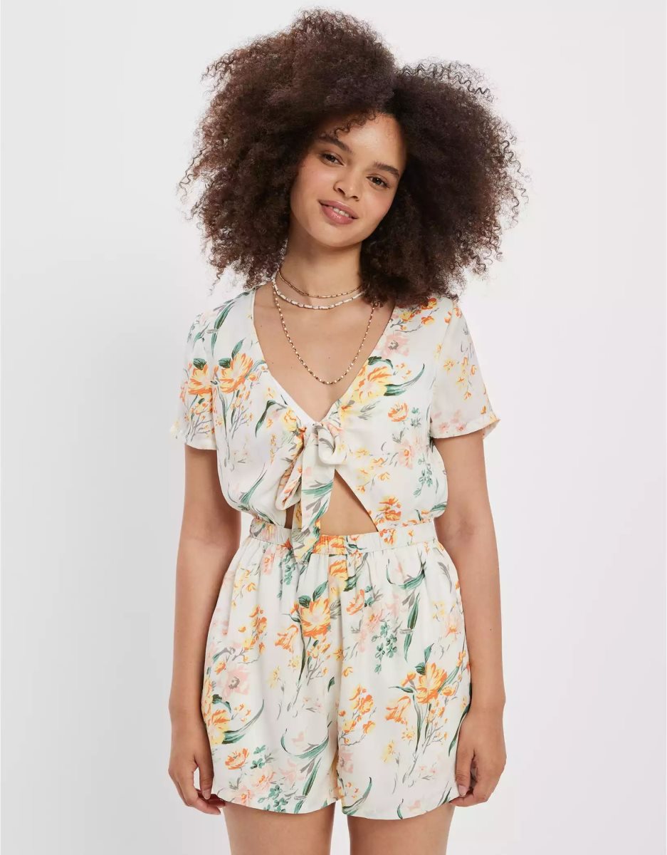 Robe Mi-longue American Eagle AE Tie-Front Romper Blanche Femme | ERA-04860323